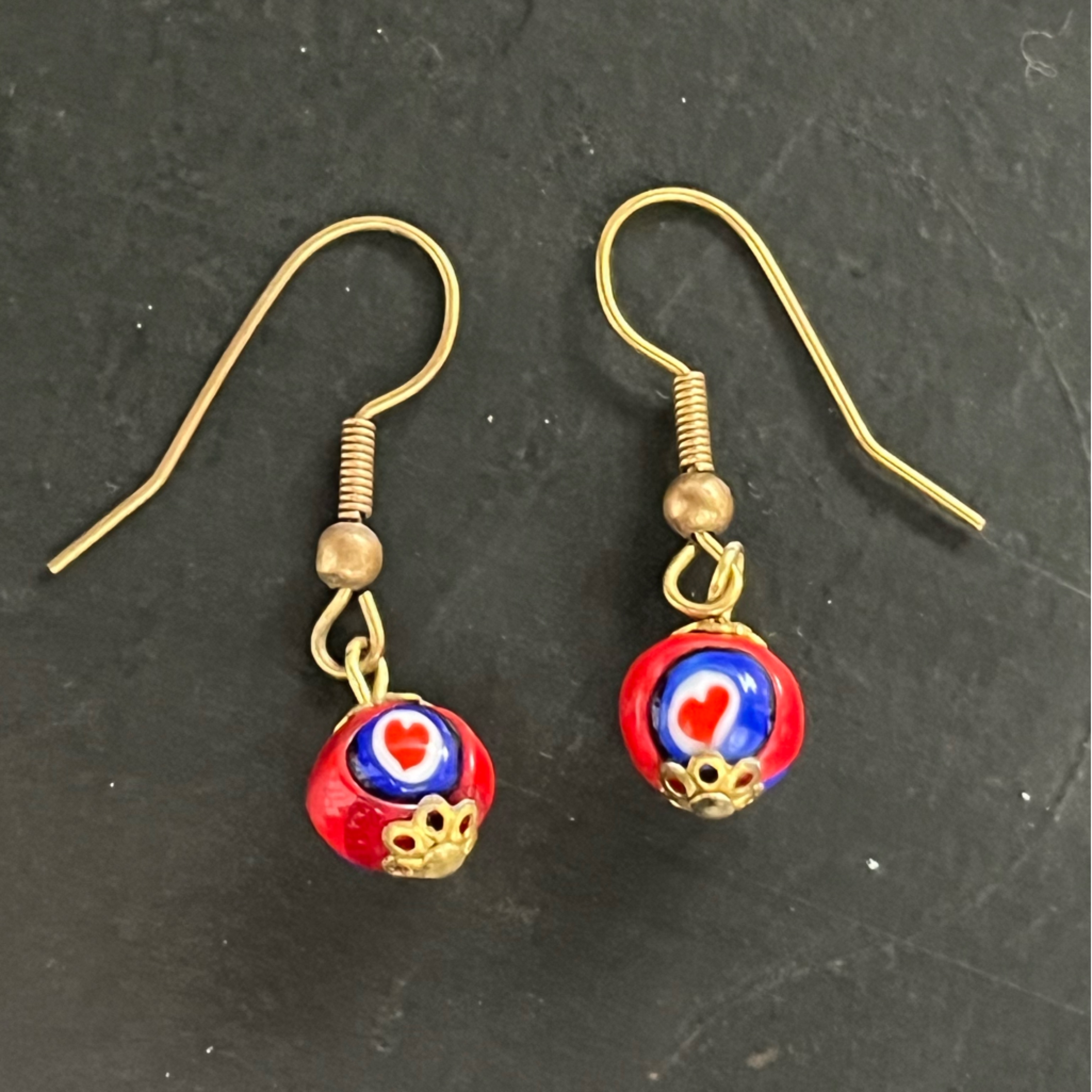 Vintage Ladies Gold Tone Round Glass Beaded Drop Earrings From India